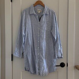 C&C CALIFORNIA Linen Long Sleeve Roll Tab Shirt Mini Dress, Blue Stripe, Size XL